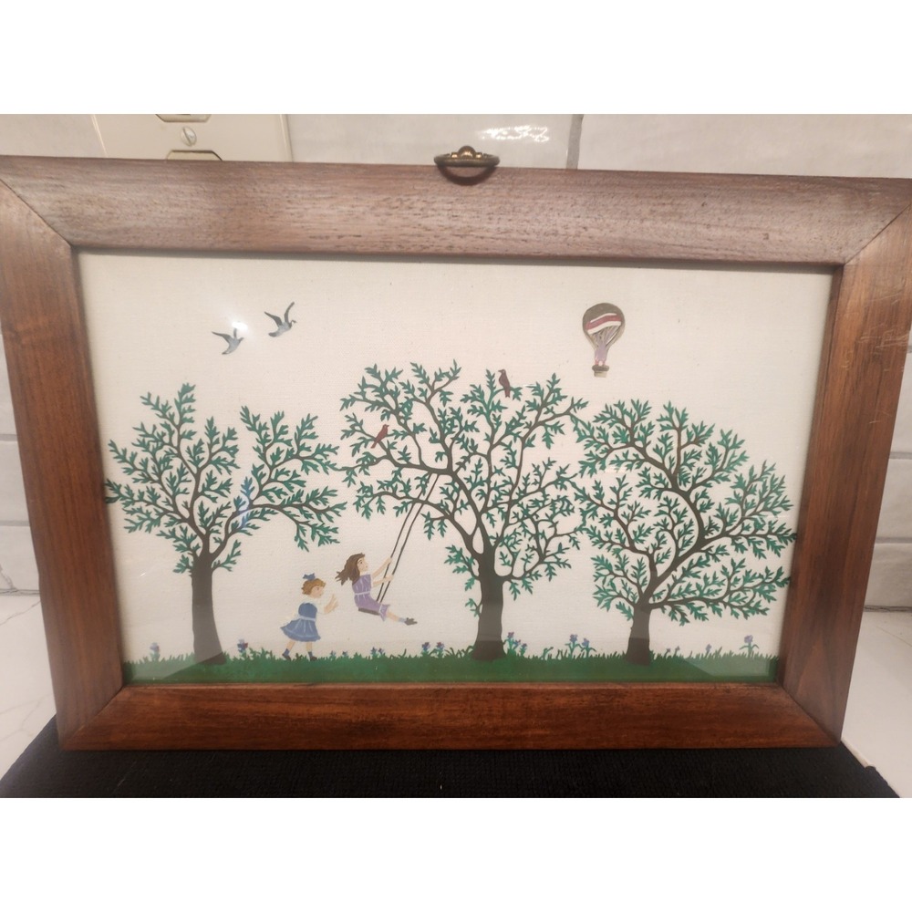 Hand Painted Folk Art Scene Children Swinging With Trees, Birds & Balloon Wood
